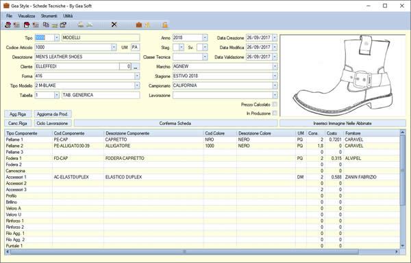 La schermata della scheda tecnica del software Gea Style